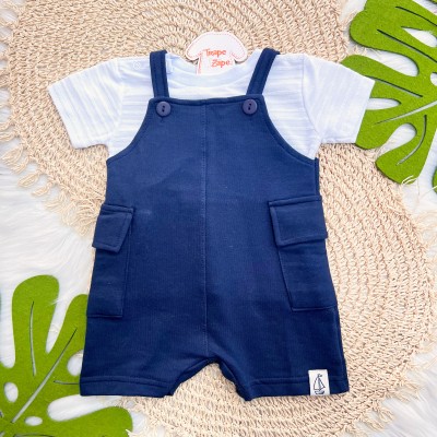  Conj. Camiseta com Listras e Jardineira em Moletinho - Marinho e Branco